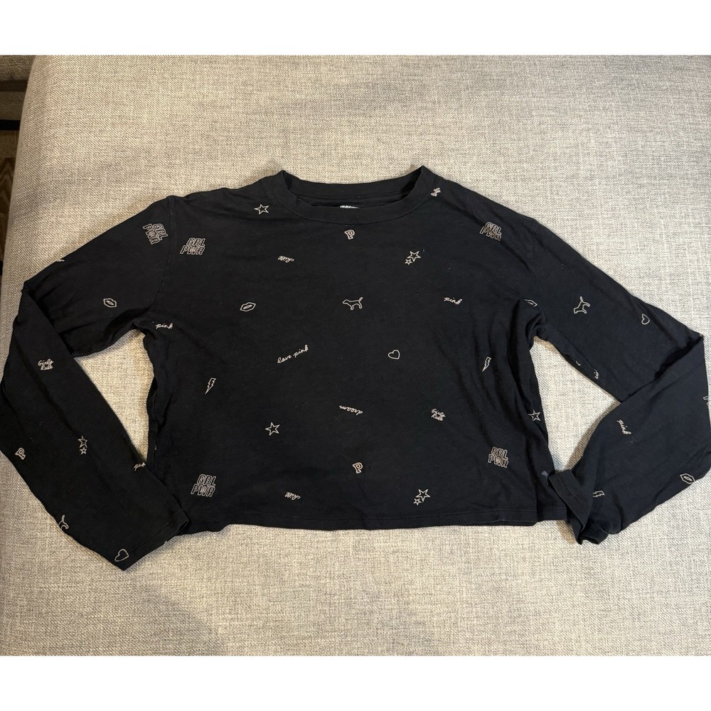 PINK Victoria's Secret XS Black Cropped Long Sleeve Graphic Tee Top Lounge